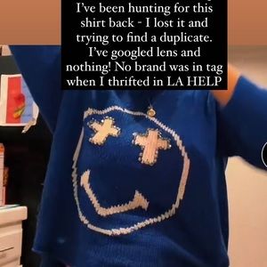 ISO Blue knit crotchet sweater with cross crucifix smiley face‎ eyes